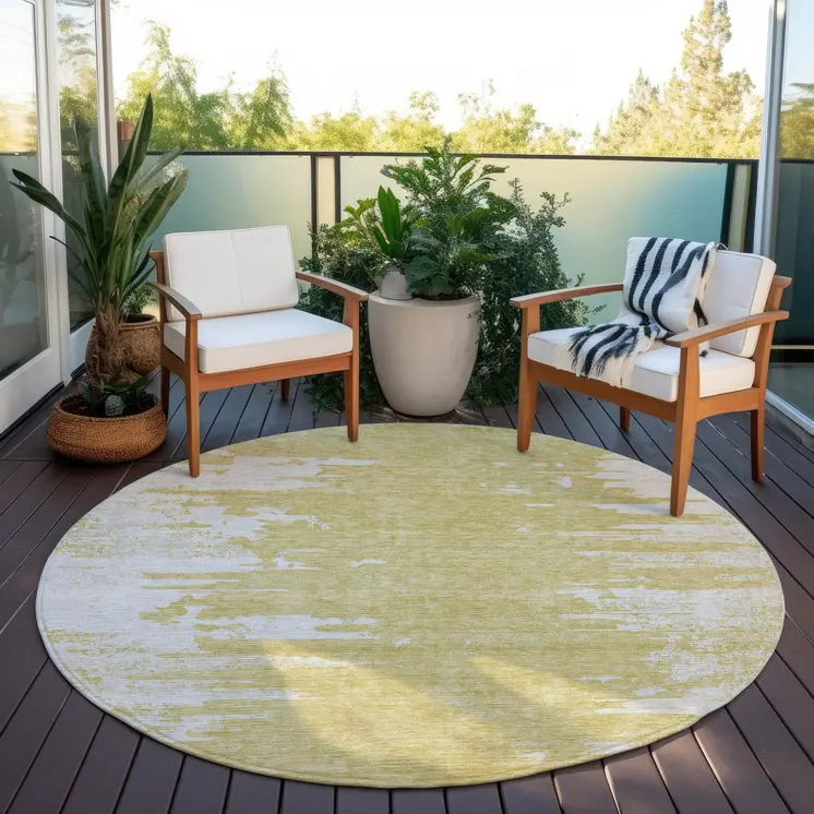 8' Gold And Ivory Round Abstract Washable Indoor Outdoor Area Rug