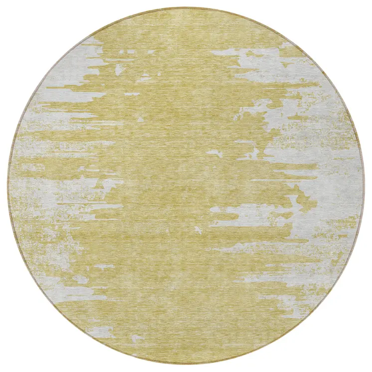 8' Gold And Ivory Round Abstract Washable Indoor Outdoor Area Rug
