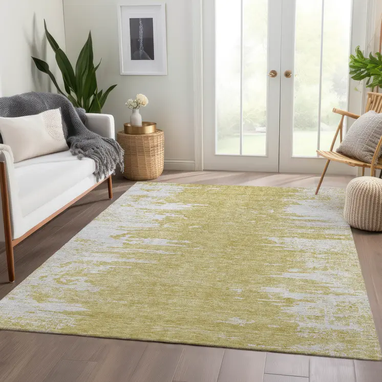 8' X 10' Gold And Ivory Abstract Washable Indoor Outdoor Area Rug