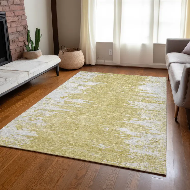 8' X 10' Gold And Ivory Abstract Washable Indoor Outdoor Area Rug