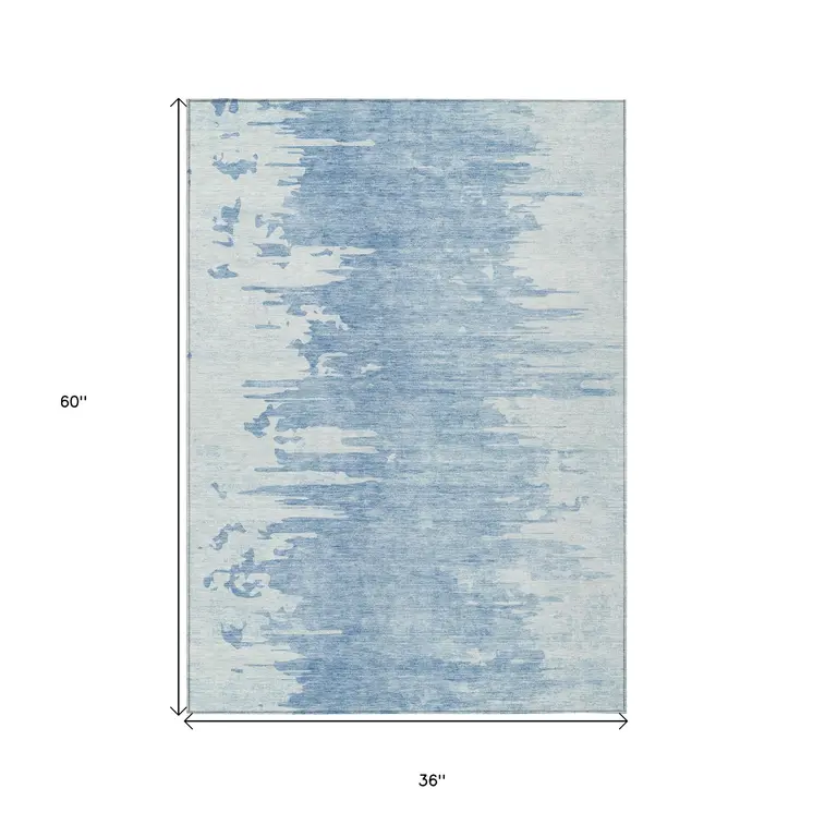 3' X 5' Sky Blue And Denim Blue Abstract Washable Indoor Outdoor Area Rug