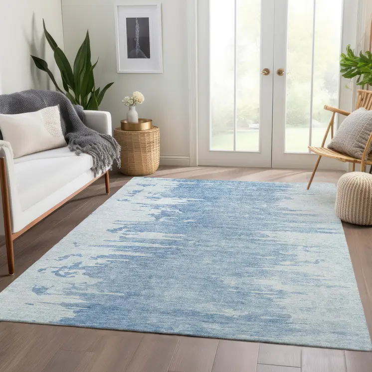 5' X 8' Sky Blue And Denim Blue Abstract Washable Indoor Outdoor Area Rug