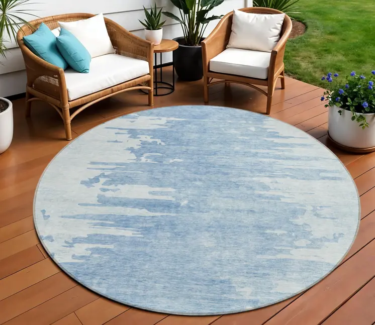 8' Sky Blue And Denim Blue Round Abstract Washable Indoor Outdoor Area Rug