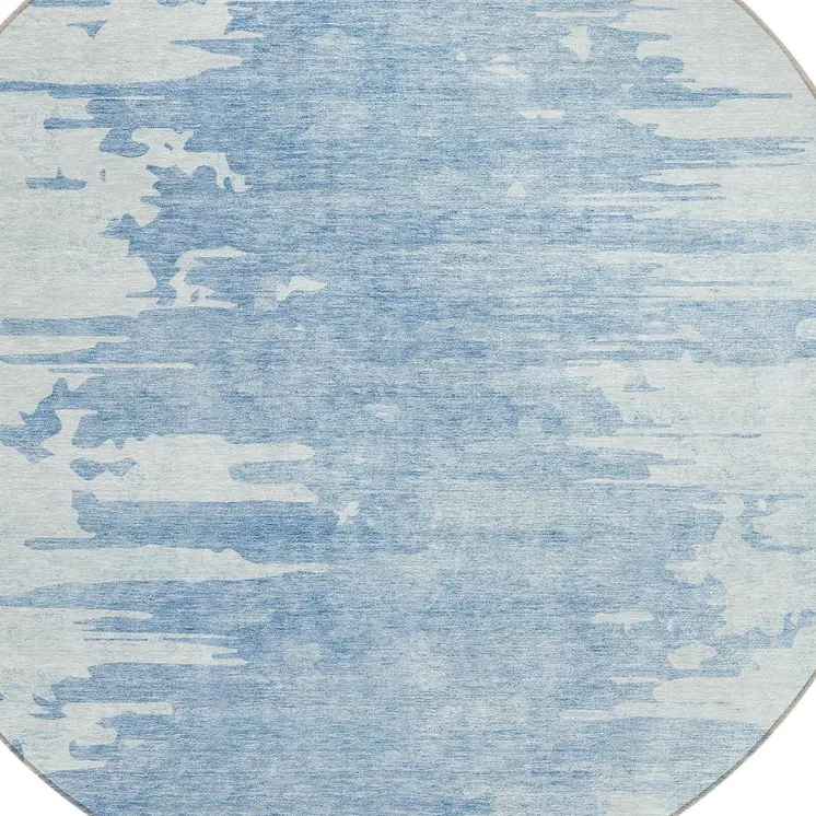 8' Sky Blue And Denim Blue Round Abstract Washable Indoor Outdoor Area Rug