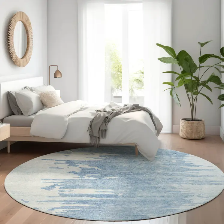 8' Sky Blue And Denim Blue Round Abstract Washable Indoor Outdoor Area Rug