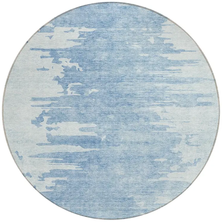 8' Sky Blue And Denim Blue Round Abstract Washable Indoor Outdoor Area Rug