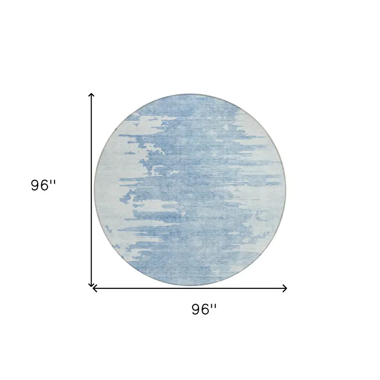 8' Sky Blue And Denim Blue Round Abstract Washable Indoor Outdoor Area Rug