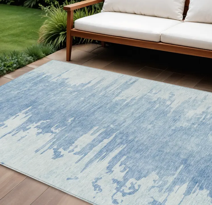 8' X 10' Sky Blue And Denim Blue Abstract Washable Indoor Outdoor Area Rug