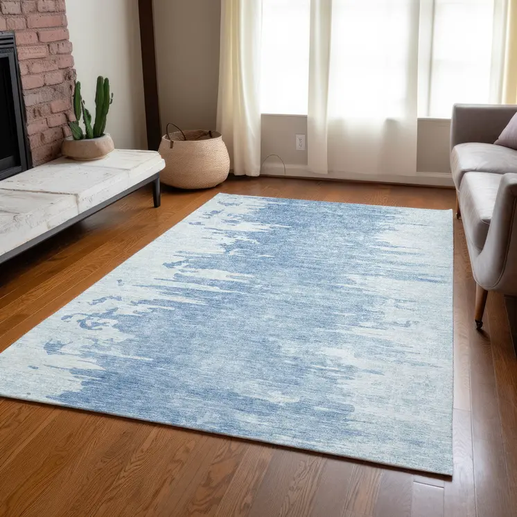 8' X 10' Sky Blue And Denim Blue Abstract Washable Indoor Outdoor Area Rug