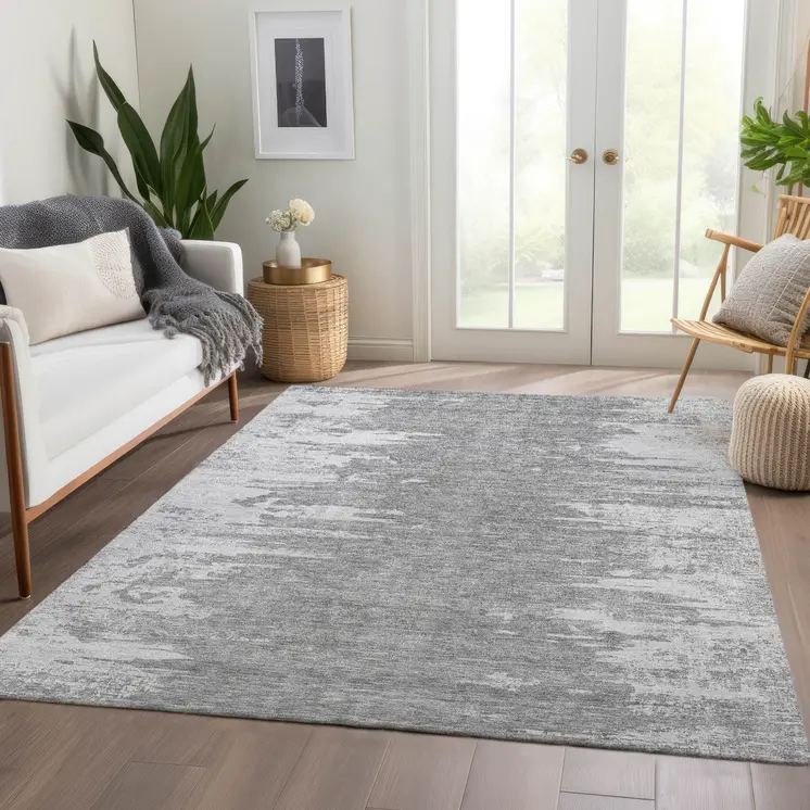 5' X 8' Silver Gray And Ivory Abstract Washable Indoor Outdoor Area Rug