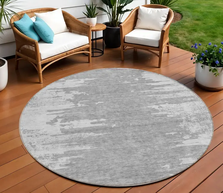 8' Silver Gray And Ivory Round Abstract Washable Indoor Outdoor Area Rug