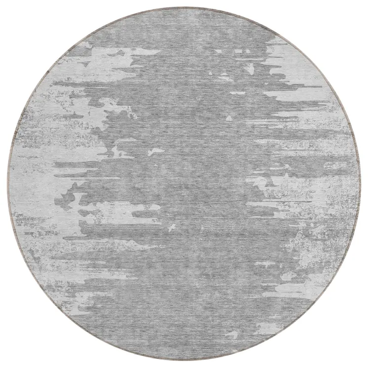 8' Silver Gray And Ivory Round Abstract Washable Indoor Outdoor Area Rug