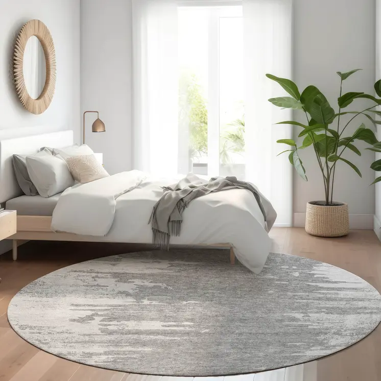 8' Silver Gray And Ivory Round Abstract Washable Indoor Outdoor Area Rug