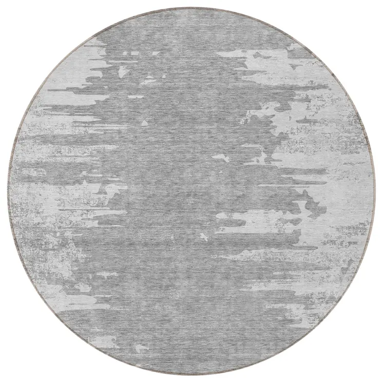 8' Silver Gray And Ivory Round Abstract Washable Indoor Outdoor Area Rug