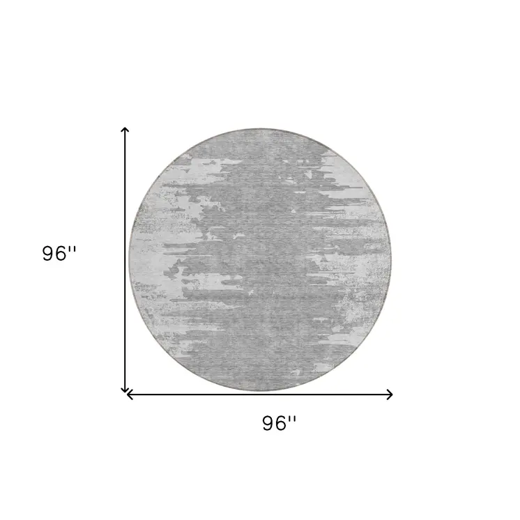 8' Silver Gray And Ivory Round Abstract Washable Indoor Outdoor Area Rug