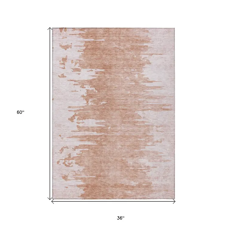 3' X 5' Terra Cotta Salmon And Copper Abstract Washable Indoor Outdoor Area Rug