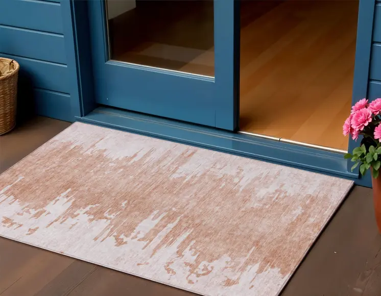3' X 5' Terra Cotta Salmon And Copper Abstract Washable Indoor Outdoor Area Rug