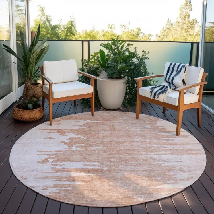 8' Terra Cotta Salmon And Copper Round Abstract Washable Indoor Outdoor Area Rug