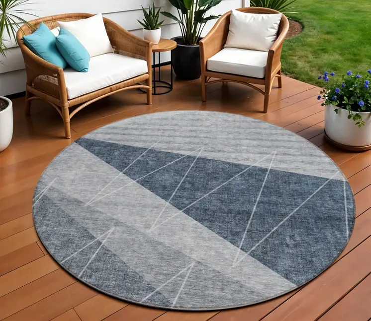 8' Charcoal Gray And Silver Round Geometric Washable Indoor Outdoor Area Rug