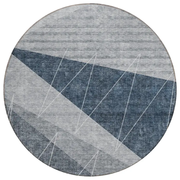 8' Charcoal Gray And Silver Round Geometric Washable Indoor Outdoor Area Rug