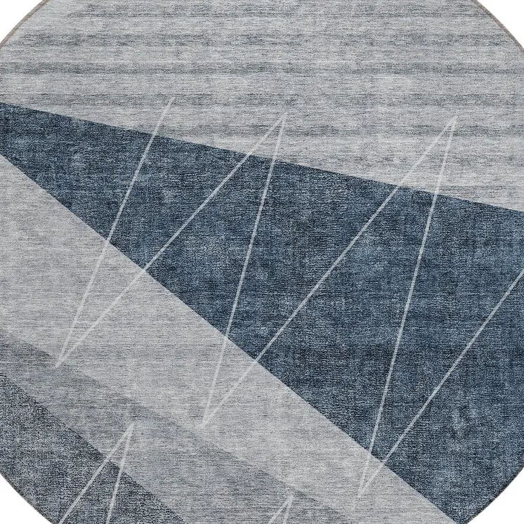 8' Charcoal Gray And Silver Round Geometric Washable Indoor Outdoor Area Rug