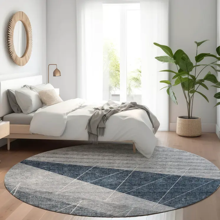 8' Charcoal Gray And Silver Round Geometric Washable Indoor Outdoor Area Rug