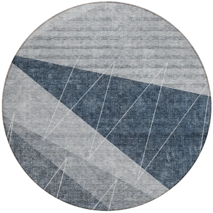 8' Charcoal Gray And Silver Round Geometric Washable Indoor Outdoor Area Rug
