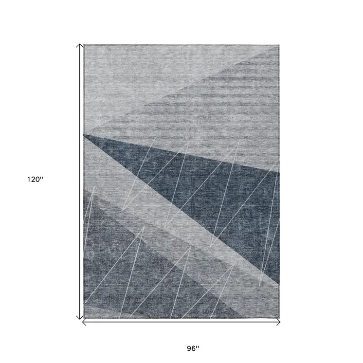 8' X 10' Charcoal Gray And Silver Geometric Washable Indoor Outdoor Area Rug