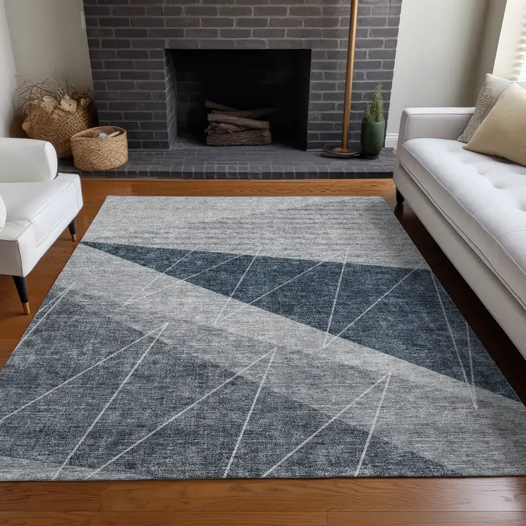 8' X 10' Charcoal Gray And Silver Geometric Washable Indoor Outdoor Area Rug