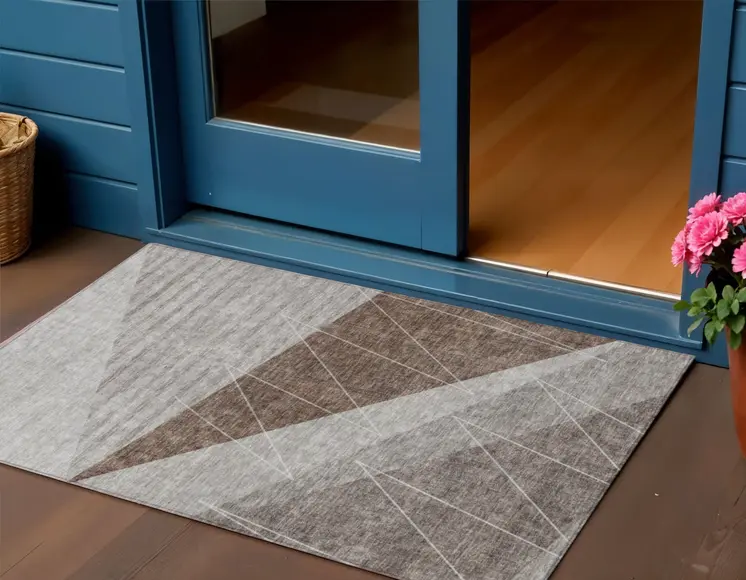 3' X 5' Gray Silver And Taupe Geometric Washable Indoor Outdoor Area Rug