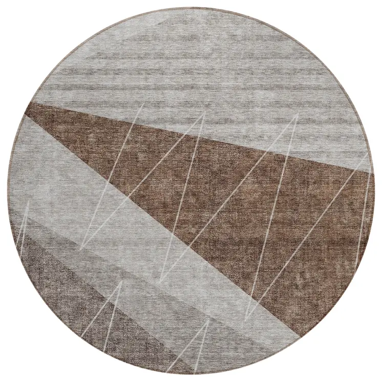 8' Gray Silver And Taupe Round Geometric Washable Indoor Outdoor Area Rug