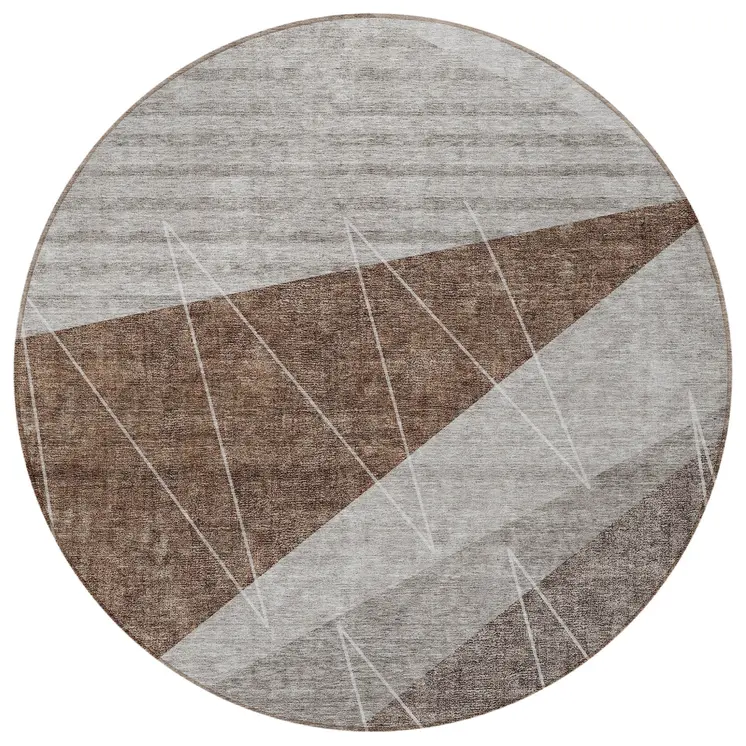 8' Gray Silver And Taupe Round Geometric Washable Indoor Outdoor Area Rug