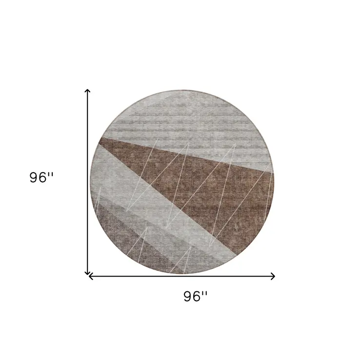 8' Gray Silver And Taupe Round Geometric Washable Indoor Outdoor Area Rug