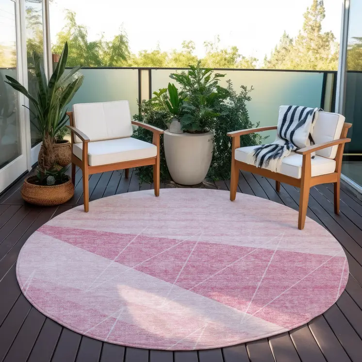 8' Pink Mauve And Blush Round Geometric Washable Indoor Outdoor Area Rug
