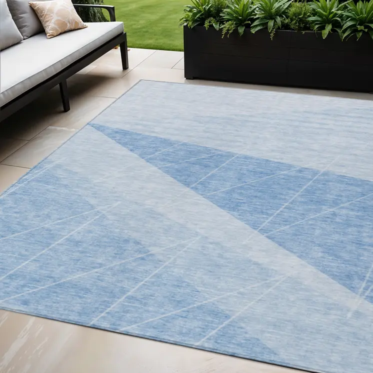5' X 8' Sky Blue And Denim Blue Geometric Washable Indoor Outdoor Area Rug