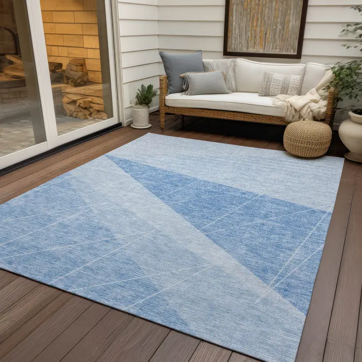 5' X 8' Sky Blue And Denim Blue Geometric Washable Indoor Outdoor Area Rug