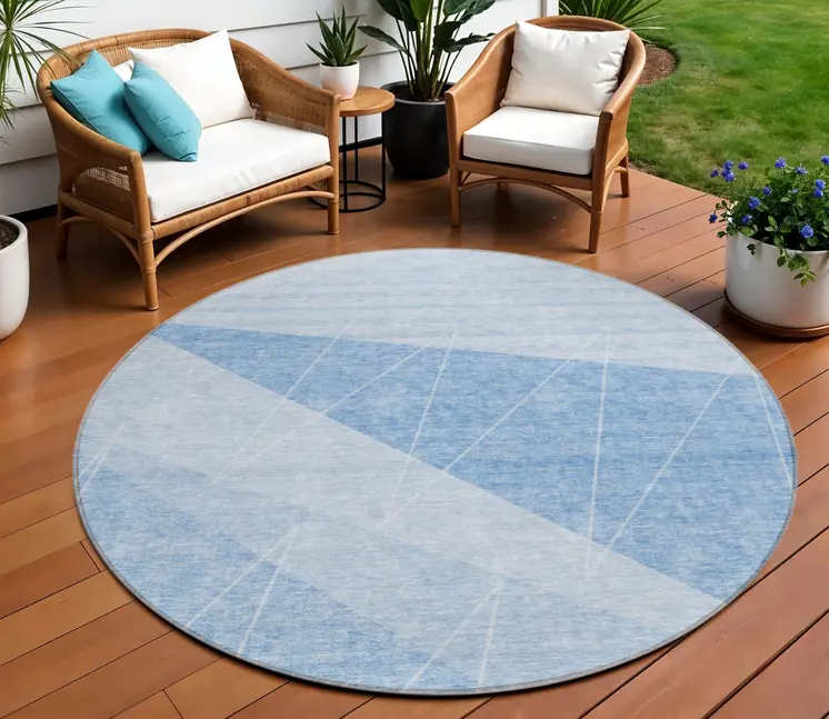 8' Sky Blue And Denim Blue Round Geometric Washable Indoor Outdoor Area Rug