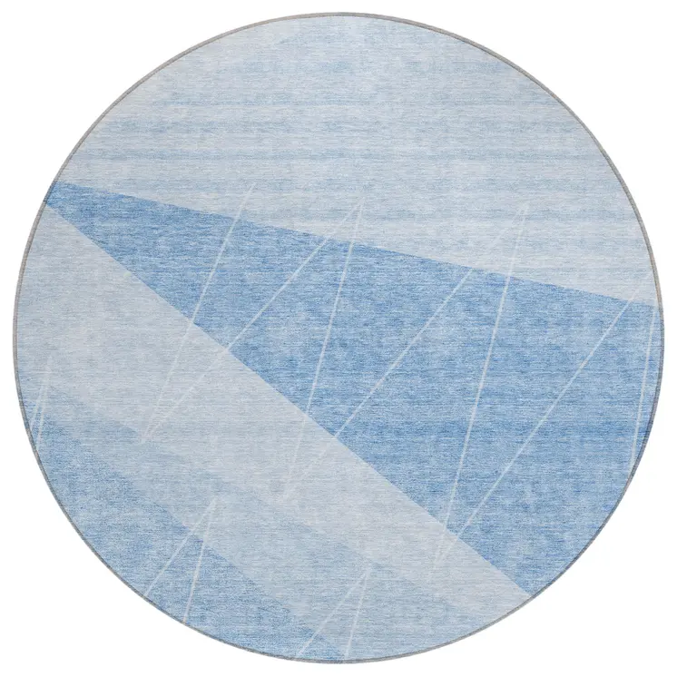 8' Sky Blue And Denim Blue Round Geometric Washable Indoor Outdoor Area Rug