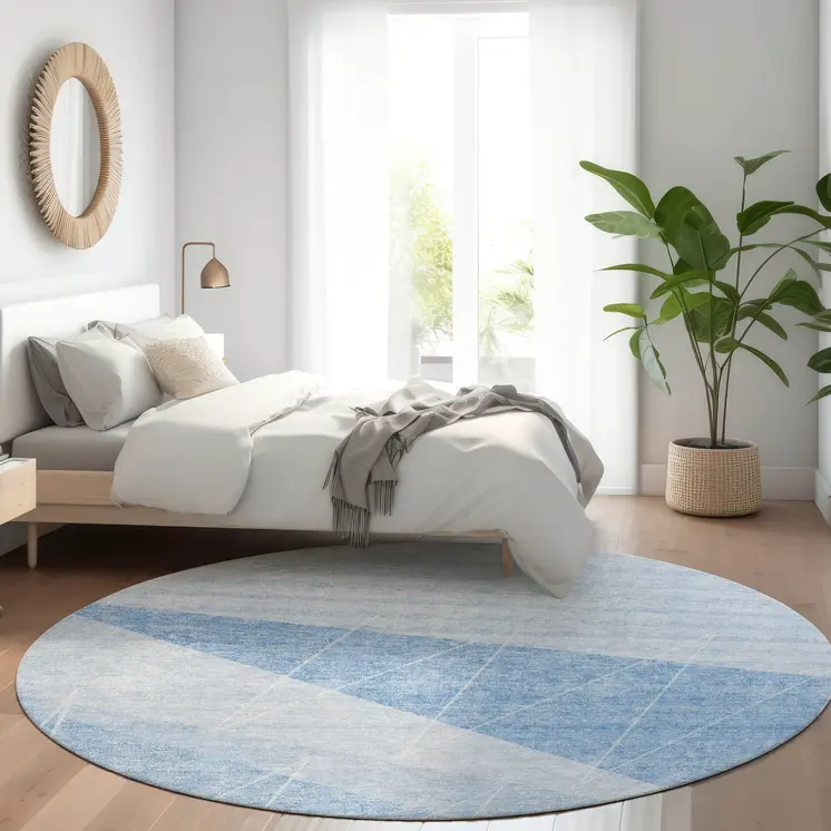 8' Sky Blue And Denim Blue Round Geometric Washable Indoor Outdoor Area Rug