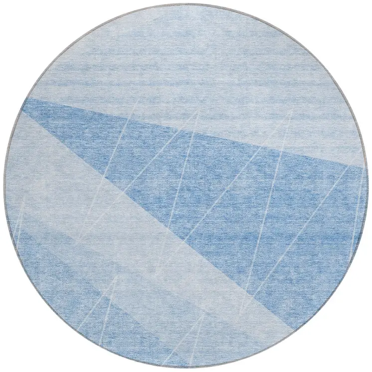 8' Sky Blue And Denim Blue Round Geometric Washable Indoor Outdoor Area Rug