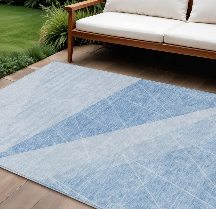 9' X 12' Sky Blue And Denim Blue Geometric Washable Indoor Outdoor Area Rug