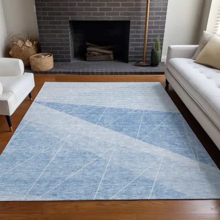 9' X 12' Sky Blue And Denim Blue Geometric Washable Indoor Outdoor Area Rug