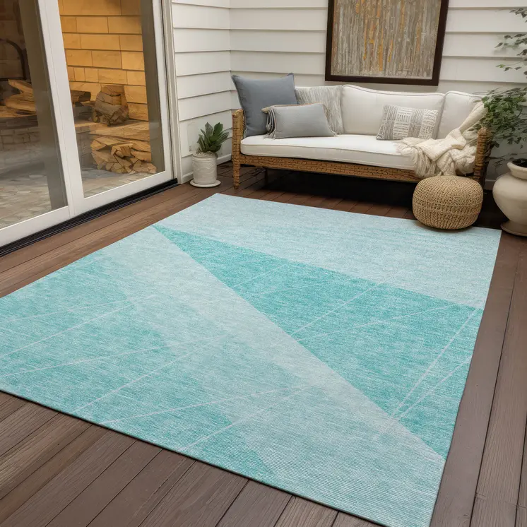 5' X 8' Teal Blue Aqua And Ivory Geometric Washable Indoor Outdoor Area Rug