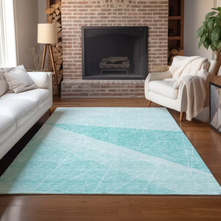 5' X 8' Teal Blue Aqua And Ivory Geometric Washable Indoor Outdoor Area Rug