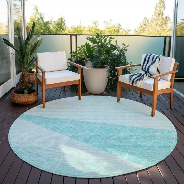 8' Teal Blue Aqua And Ivory Round Geometric Washable Indoor Outdoor Area Rug