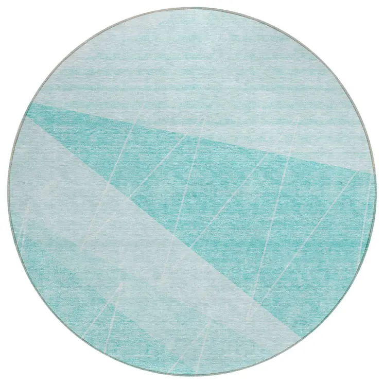 8' Teal Blue Aqua And Ivory Round Geometric Washable Indoor Outdoor Area Rug