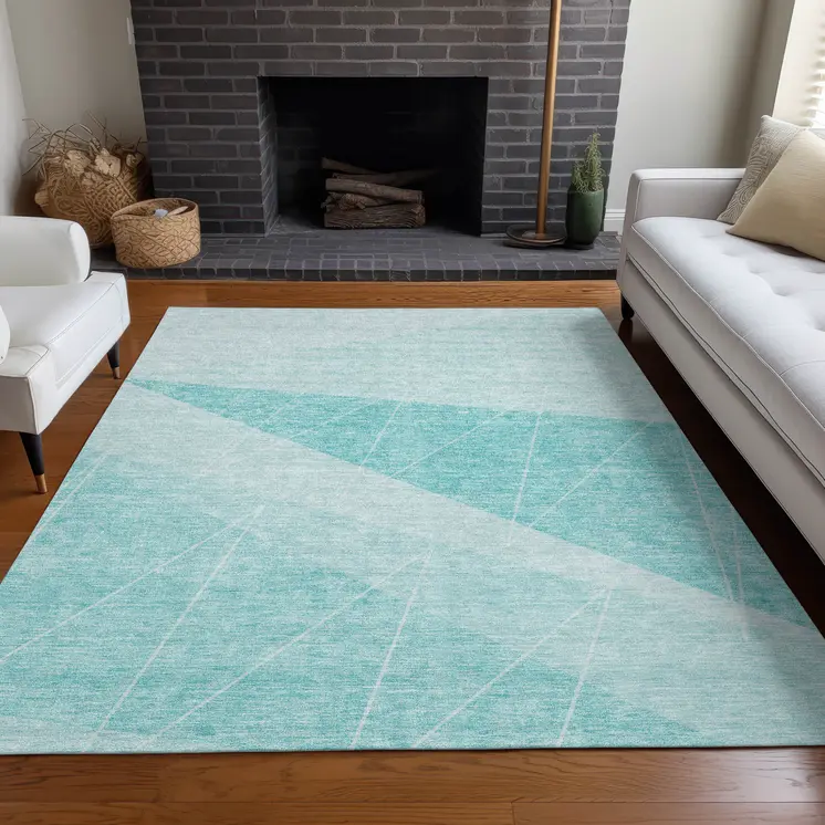 9' X 12' Teal Blue Aqua And Ivory Geometric Washable Indoor Outdoor Area Rug
