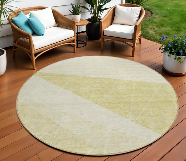 8' Wheat Gold And Ivory Round Geometric Washable Indoor Outdoor Area Rug