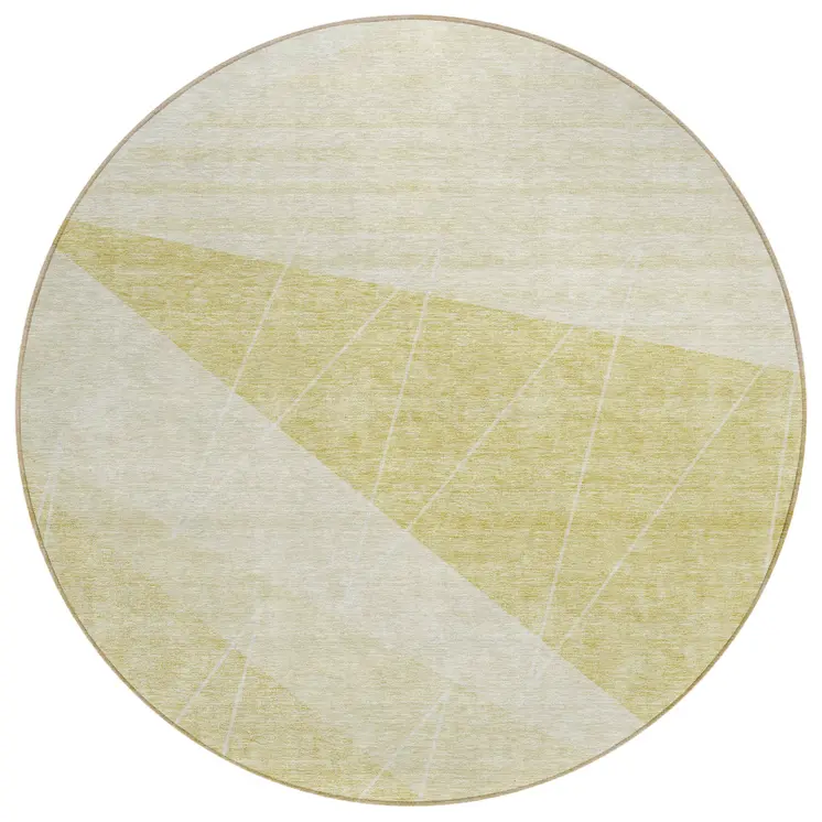 8' Wheat Gold And Ivory Round Geometric Washable Indoor Outdoor Area Rug