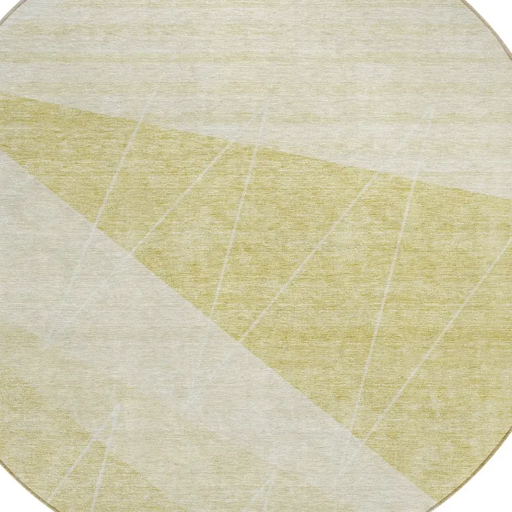 8' Wheat Gold And Ivory Round Geometric Washable Indoor Outdoor Area Rug